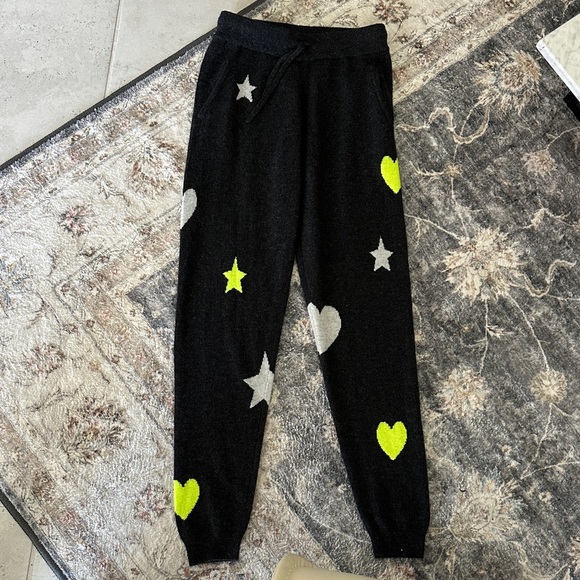 Brodie Cashmere Pants - Brodie Cashmere Black Joggers with Neon Yellow Hearts & Gray Stars